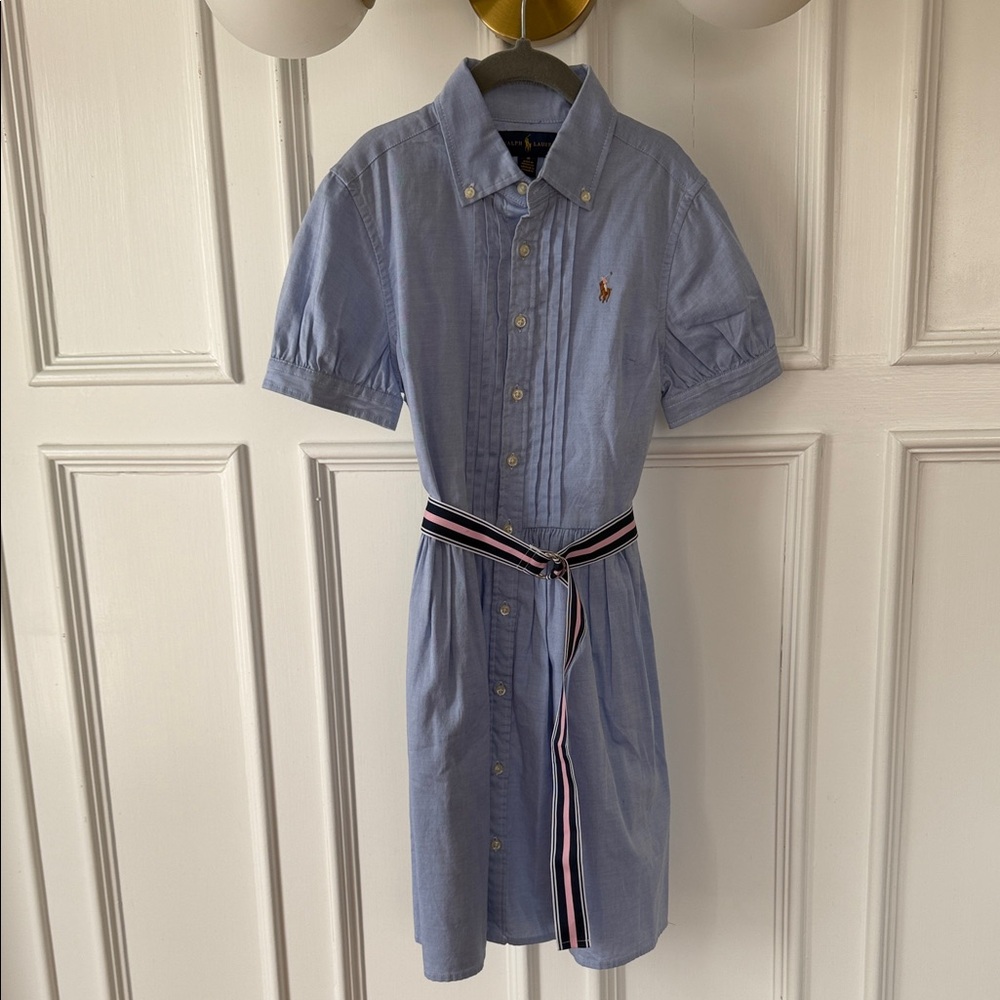 Ralph Lauren Girls Size 10 Light Blue Button-Front Shirtdress with Striped Belt